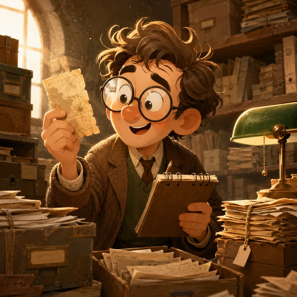 Cartoon historian holding a map fragment and a spiral notebook in an archive.