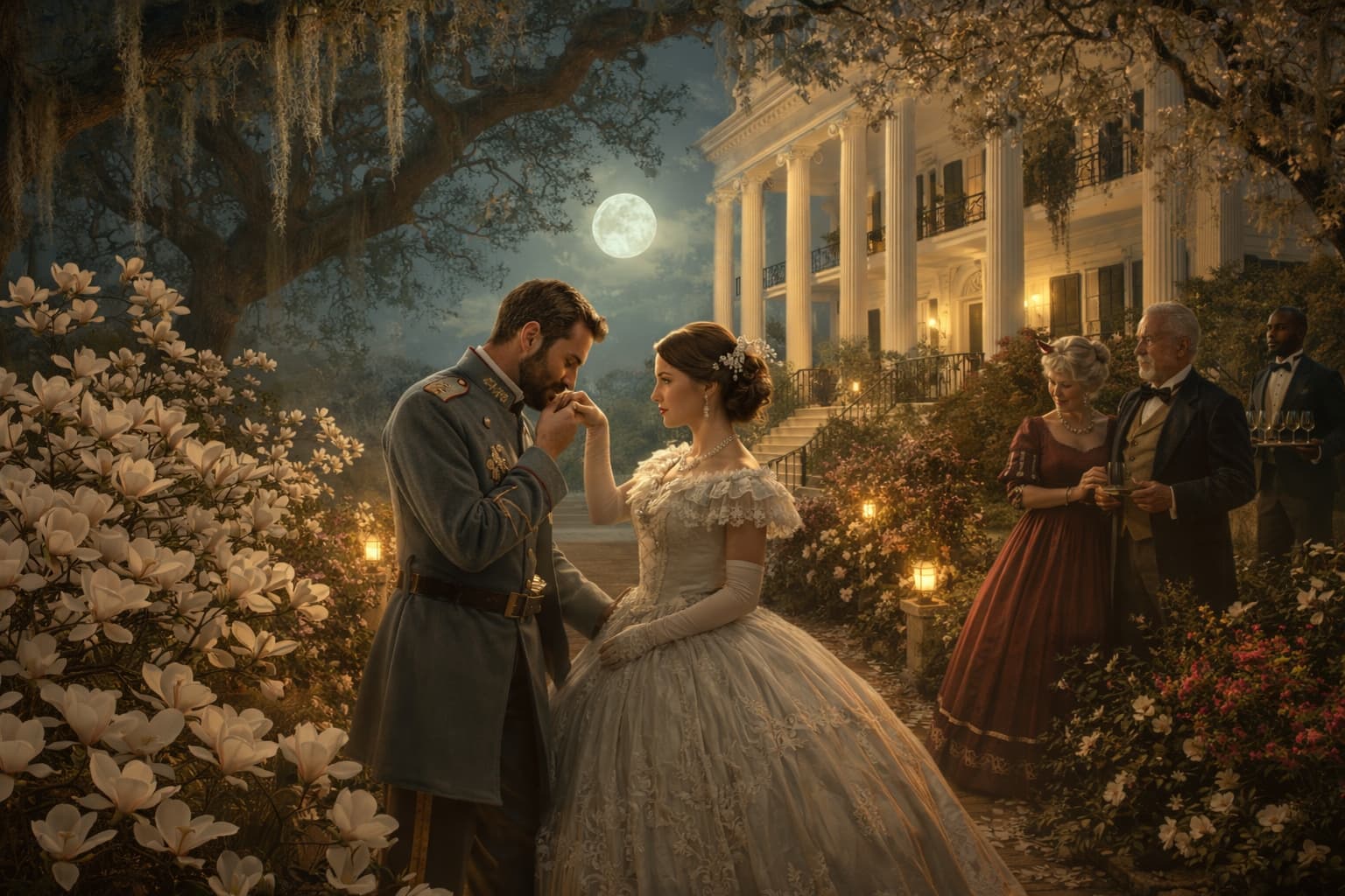 Moonlight & Magnolias aesthetic: white-columned mansion, magnolias, Spanish moss, moonlit evening