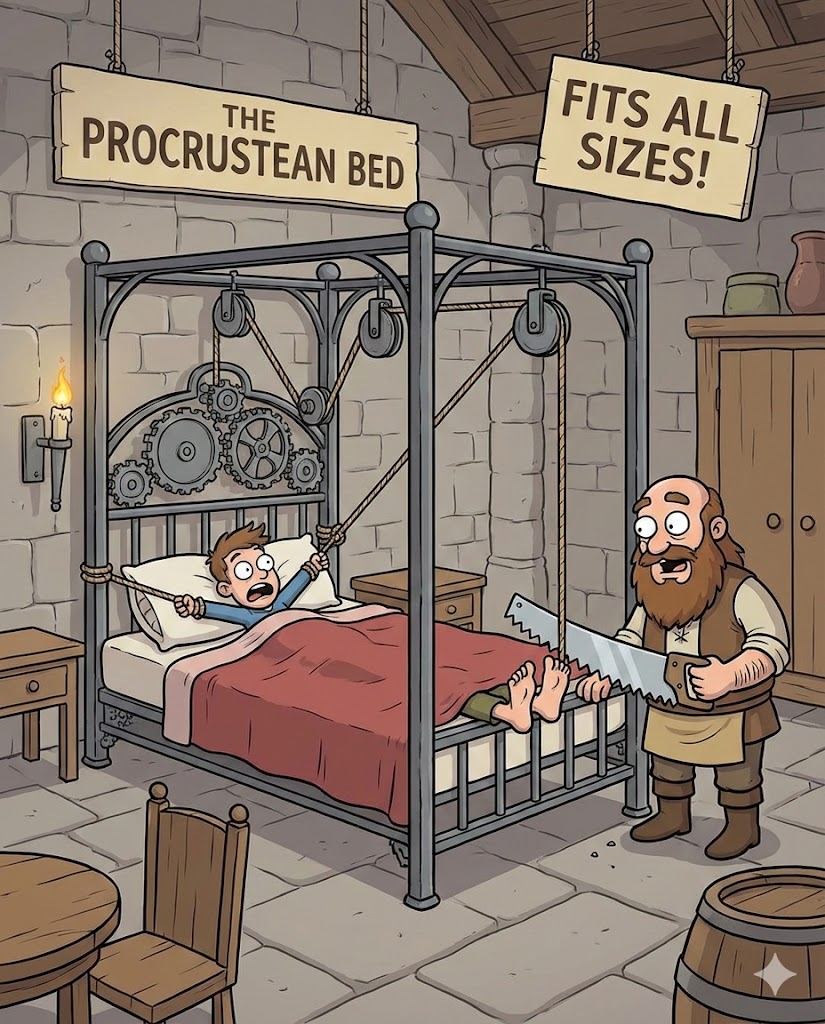 Illustration of the Procrustean bed metaphor