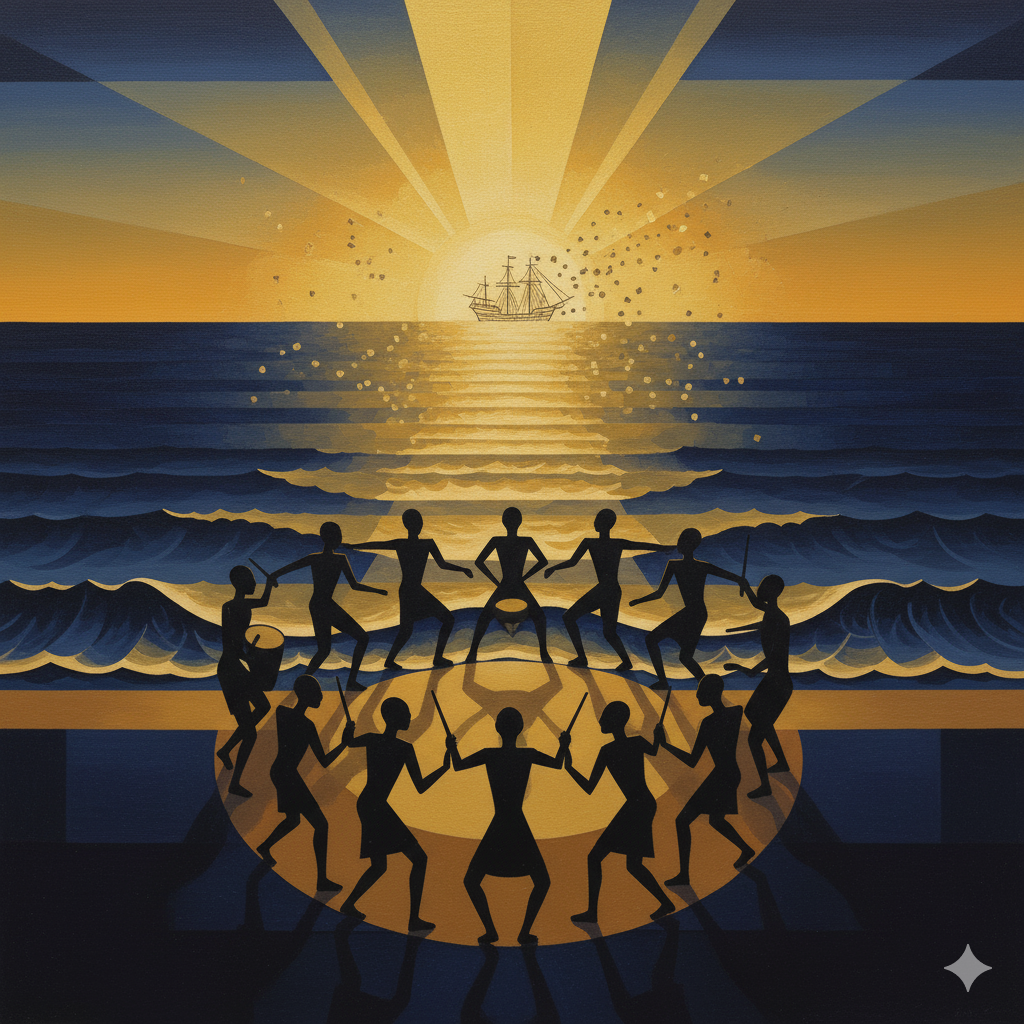 Symbolic Atlantic crossing blending into ring shout on shore