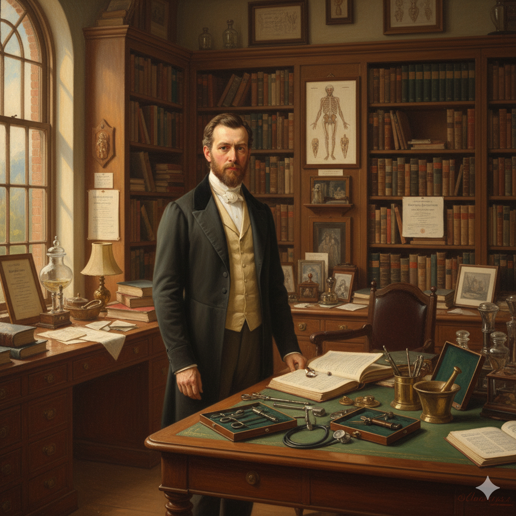Antebellum doctor in a book-lined office, c. 1840s—professional discipline and respectability
