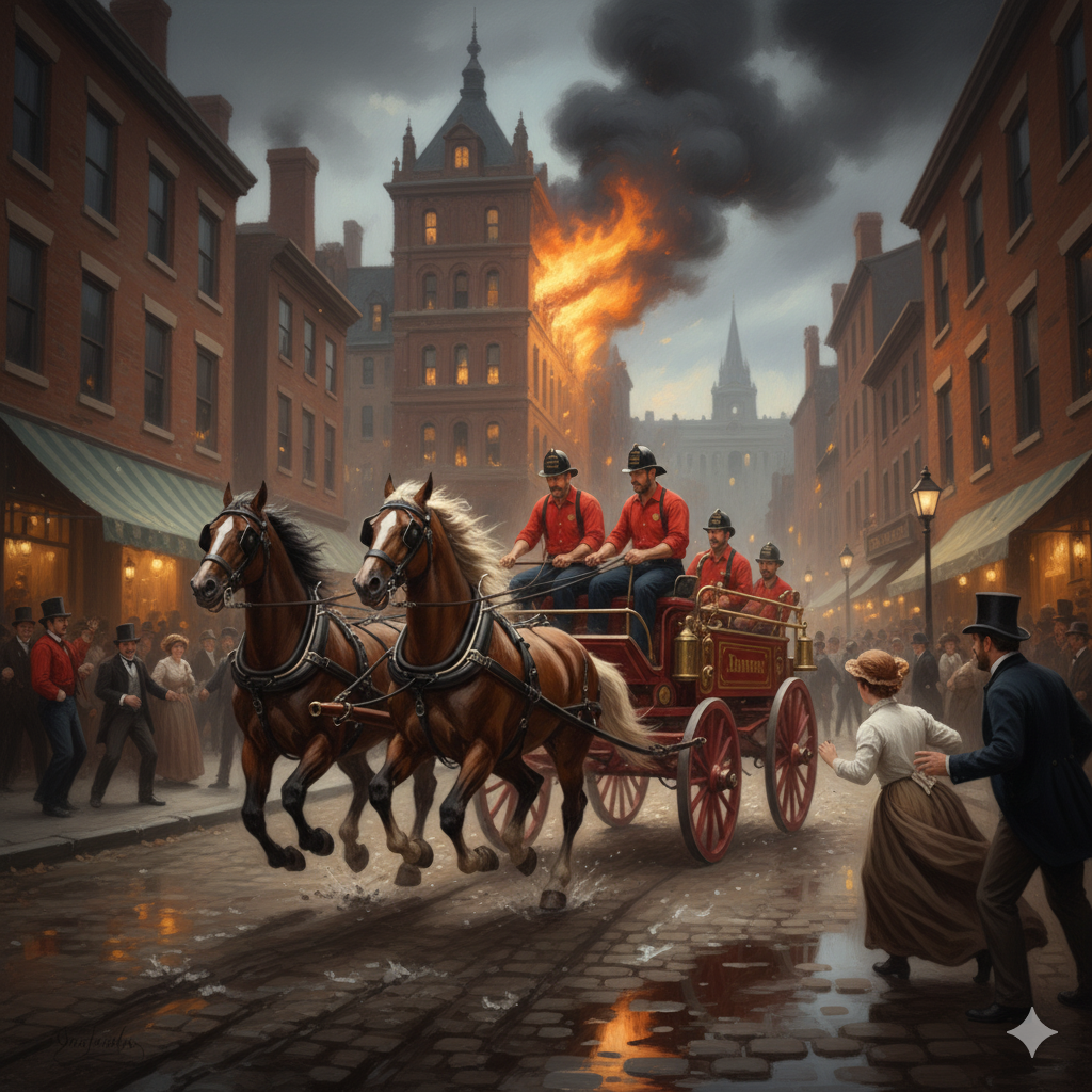 Fire scene with fire wagon and crowds