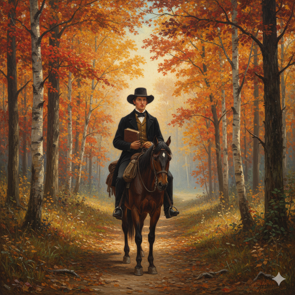 Methodist circuit rider on horseback carrying Bible and saddlebags