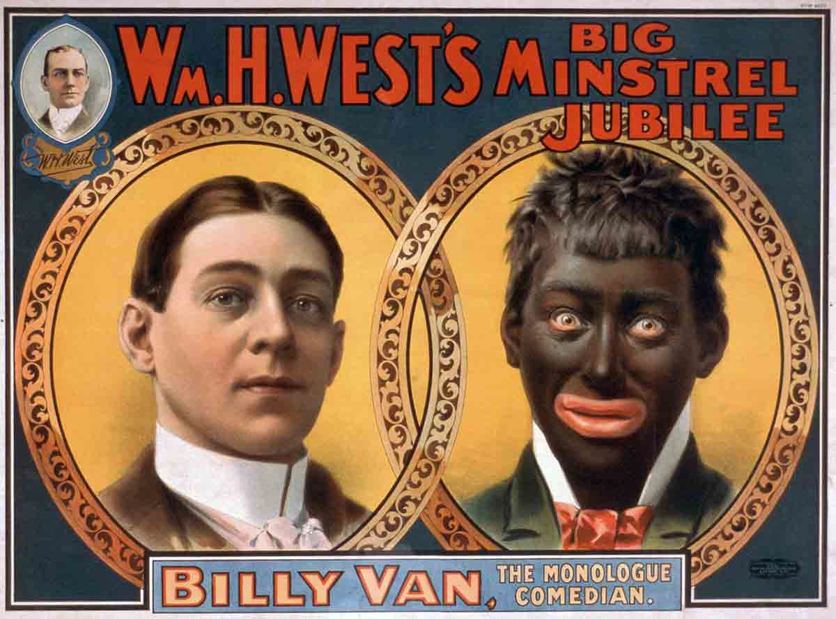 Minstrel show advertisement featuring Billy Van—racist imagery presented here strictly for critical, educational analysis.