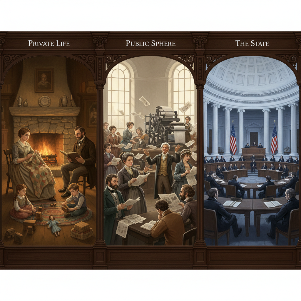 Diagram illustrating the relationship between private life, the public sphere, and the state