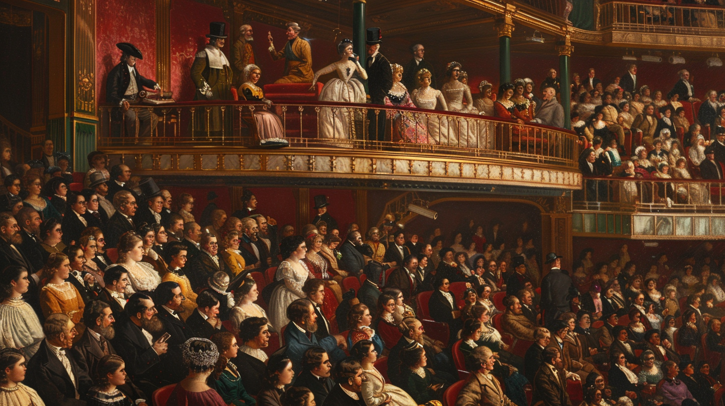 Nineteenth-century theater audience with visible class mixing among white patrons.