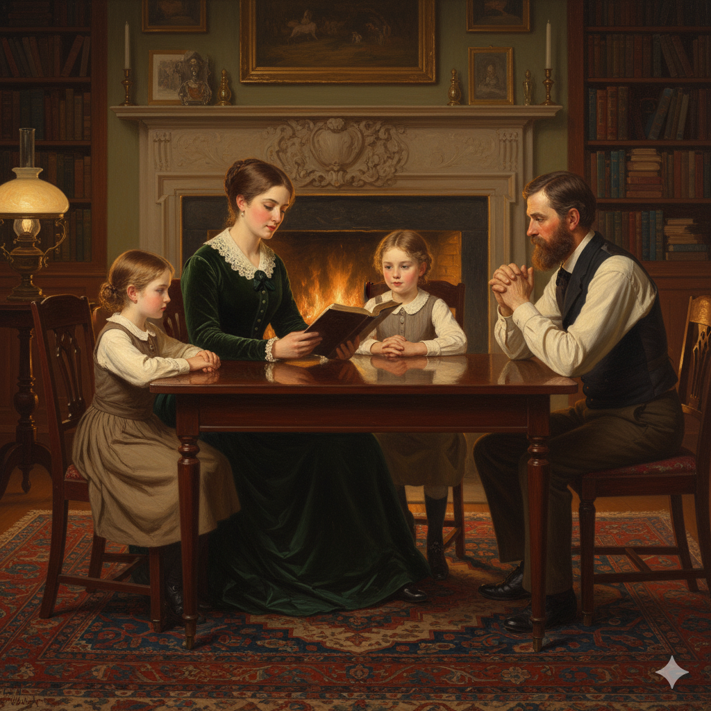 Victorian family gathered for Bible reading in parlor