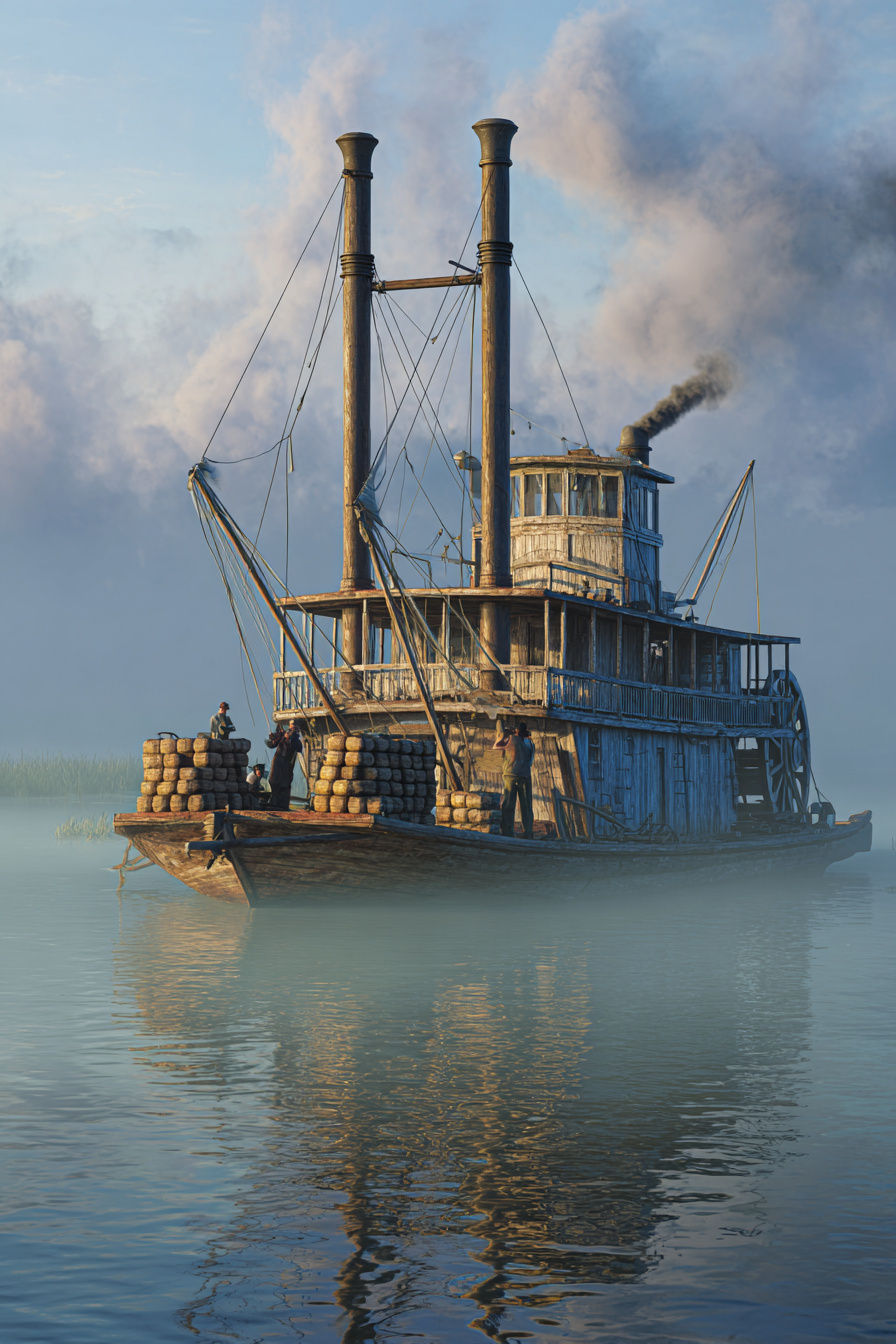 Early 19th-century steamboat on a river, circa 1824