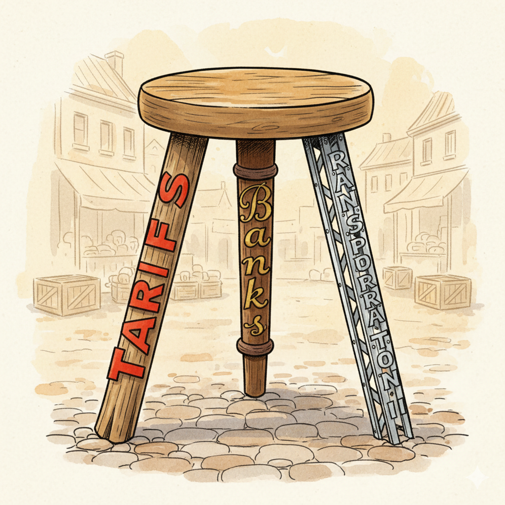 Three-legged stool illustrating interdependence of tariff, bank, and internal improvements