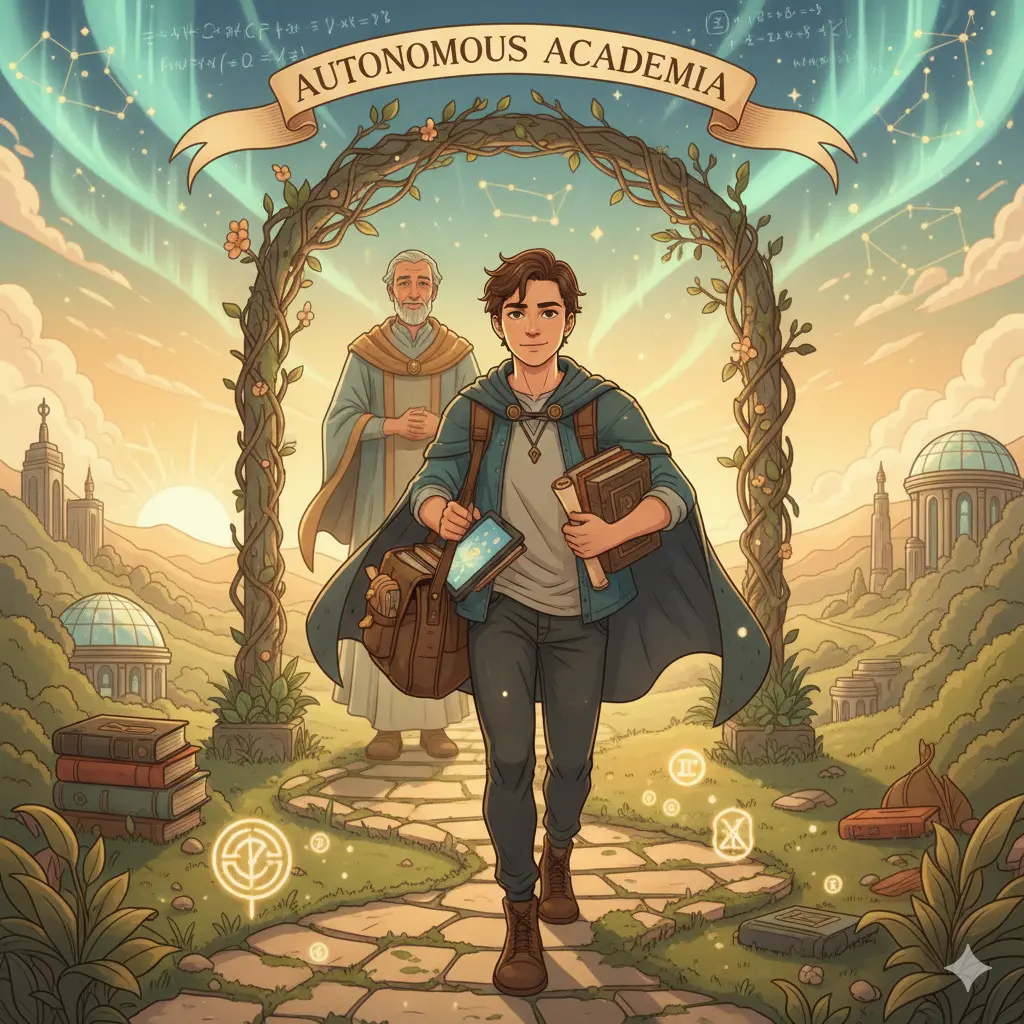 Student walking through arch into scholarly landscape