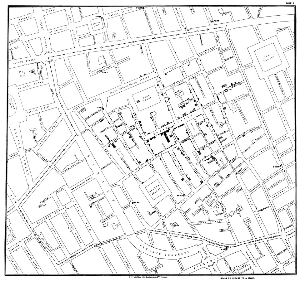 John Snow's original cholera map showing deaths clustered around Broad Street pump