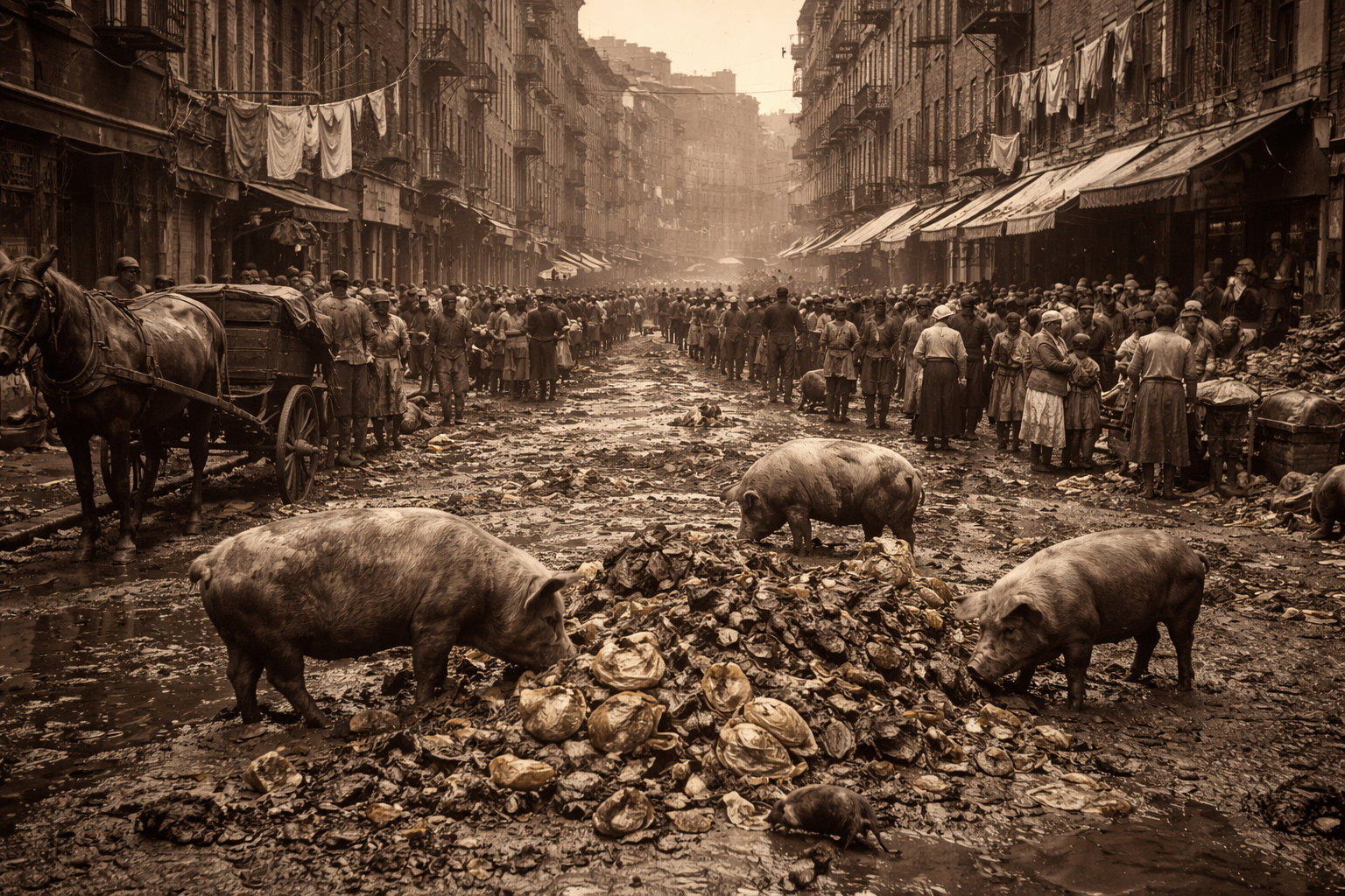 Search: 'pigs in New York streets 1850s' or '19th century urban pigs'