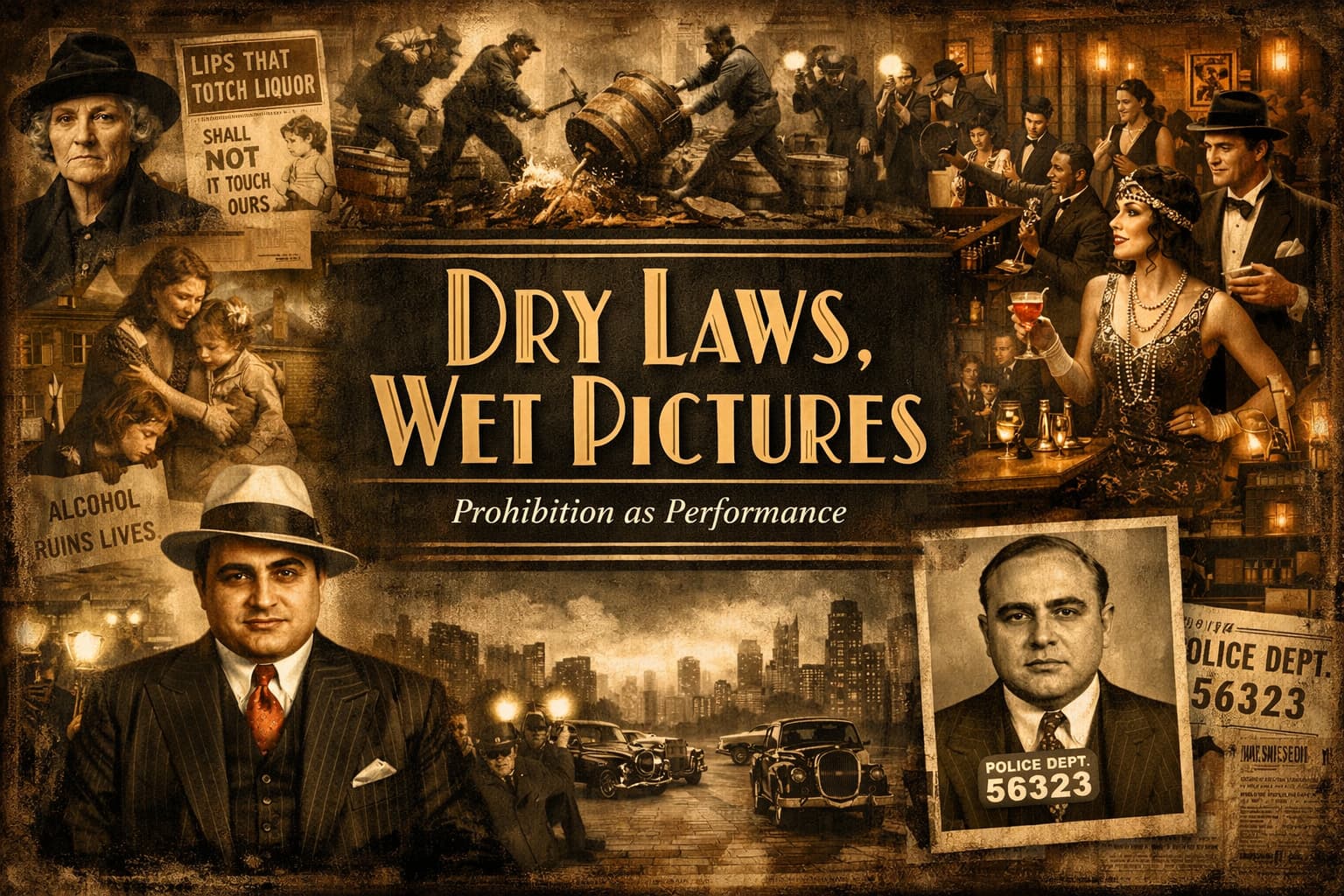 A wide, cinematic 1920s-themed collage styled like aged newspaper print, centered on bold Art Deco gold lettering reading "Dry Laws, Wet Pictures" with the subtitle "Prohibition as Performance." On the left, muted sepia scenes depict temperance imagery: a stern reformer beside propaganda posters and a distressed family, all lit softly to evoke moral seriousness. Across the top, Prohibition agents dramatically smash wooden barrels while photographers capture the staged action. On the right, the tone shifts to warm, golden light inside a lively speakeasy, where flappers, musicians, and well-dressed patrons drink and socialize. At the bottom, a sharply dressed gangster faces forward confidently, contrasted with a mugshot-style portrait of the same figure, emphasizing the duality of glamour and criminality. Layered throughout are newspaper clippings, camera flashes, and a city skyline, reinforcing themes of spectacle, media, and the tension between law and lived reality.