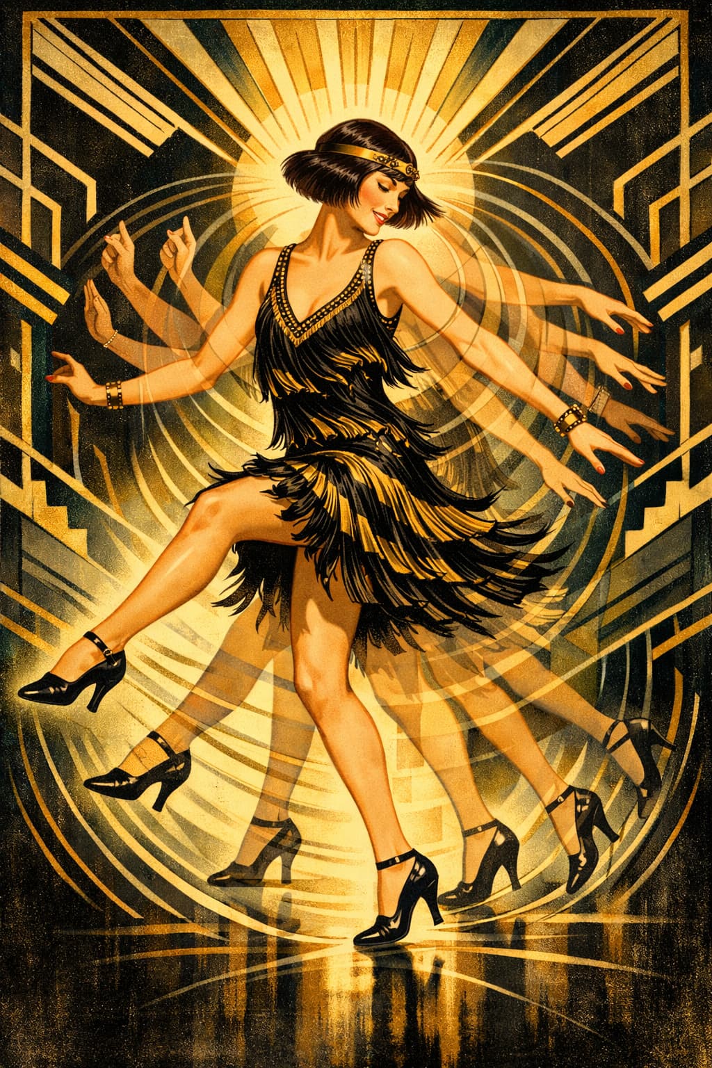 Vintage-style illustration of a full-body flapper dancer in a black and gold fringe dress, shown mid-Charleston with overlapping semi-transparent arms and legs to convey motion. She has a bob haircut and is surrounded by geometric Art Deco patterns in black, gold, and ivory, with radiating lines suggesting music and movement.