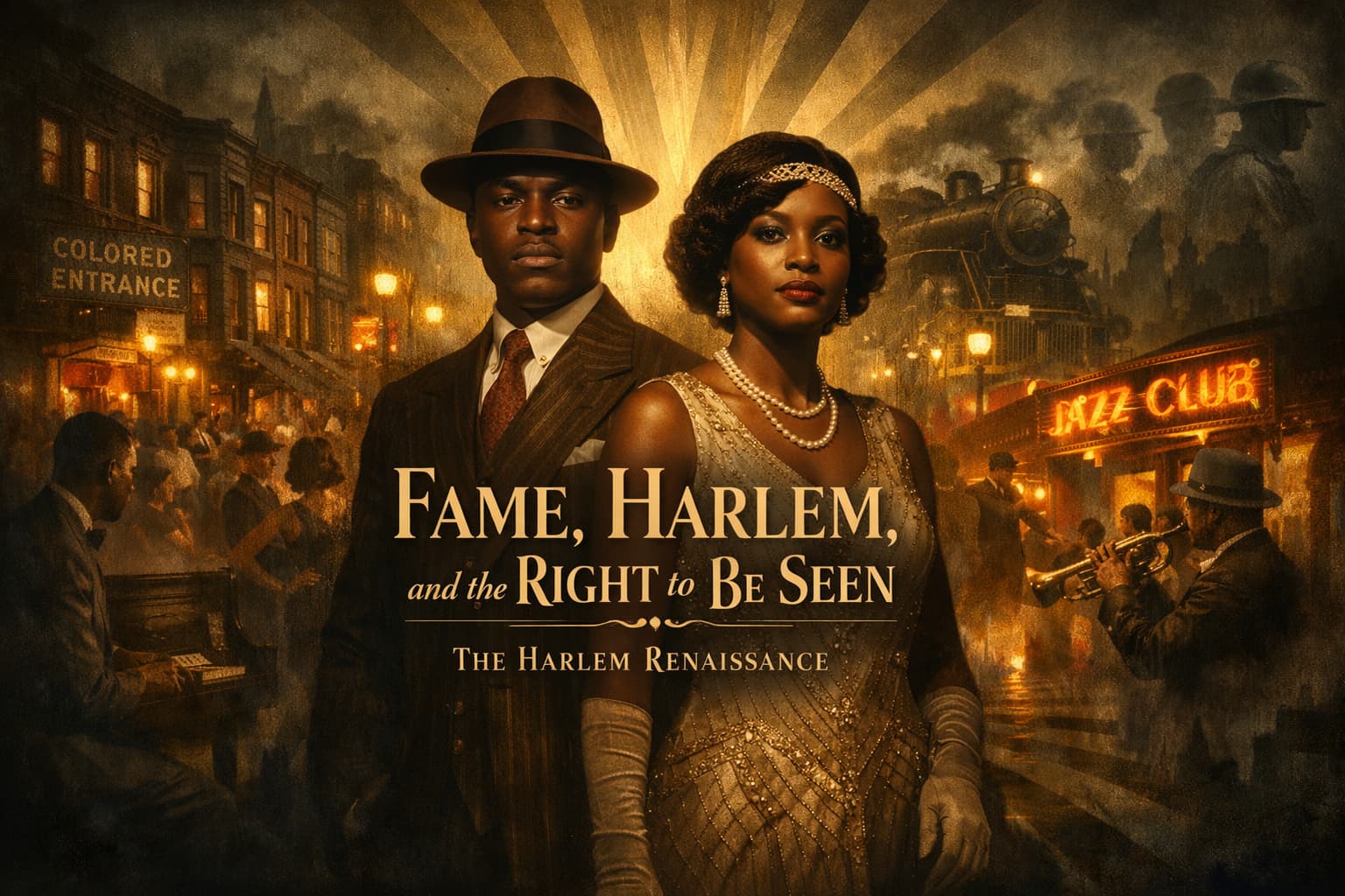 A cinematic collage depicting the Harlem Renaissance as a movement of visibility and self-assertion. In the foreground, a well-dressed Black man in a suit and fedora stands beside a woman in an elegant beaded dress and pearls; both face forward with calm, confident expressions, illuminated by a warm, golden spotlight emerging from darkness. Behind them, a lively Harlem street scene unfolds at night, with glowing streetlights, brownstone buildings, a jazz club sign, and musicians playing trumpet and piano amid blurred figures suggesting motion and nightlife. In the faded background, ghostlike images reference historical struggles, including a "Colored Entrance" sign, a steam train symbolizing the Great Migration, and silhouettes of World War I soldiers. Radiating geometric light patterns inspired by Harlem Renaissance art frame the figures. Centered over the image, in glowing gold Art Deco-style serif text, reads "Fame, Harlem, and the Right to Be Seen," with the subtitle "The Harlem Renaissance" beneath it.