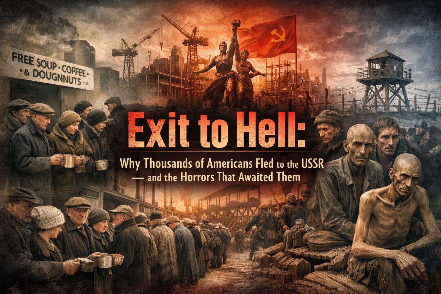 Left-to-right collage showing Great Depression breadlines, Soviet industrial construction, and starving Gulag prisoners, with centered text reading 'Exit, Faith, and Catastrophe: The Forsaken Emigrants'
