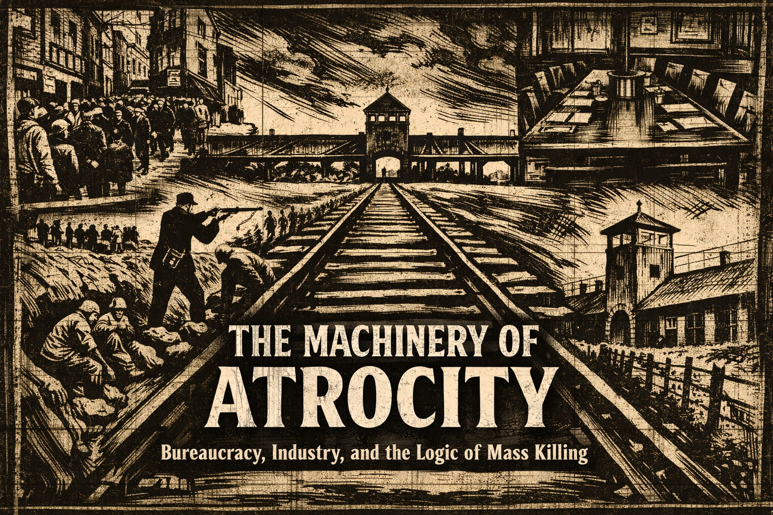 Expressionist-style collage in stark black and sepia tones showing World War II atrocities. At the center, railroad tracks lead toward the Auschwitz gate, creating a strong linear perspective. On the left, emaciated figures crowd a ghetto street above a scene of soldiers executing civilians at the edge of a trench. On the right, a long conference table suggests bureaucratic planning, alongside a guarded camp structure. The composition is harsh and angular, with heavy lines and distorted forms typical of German Expressionism. Large centered text reads THE MACHINERY OF ATROCITY, with the subtitle Bureaucracy, Industry, and the Logic of Mass Killing.