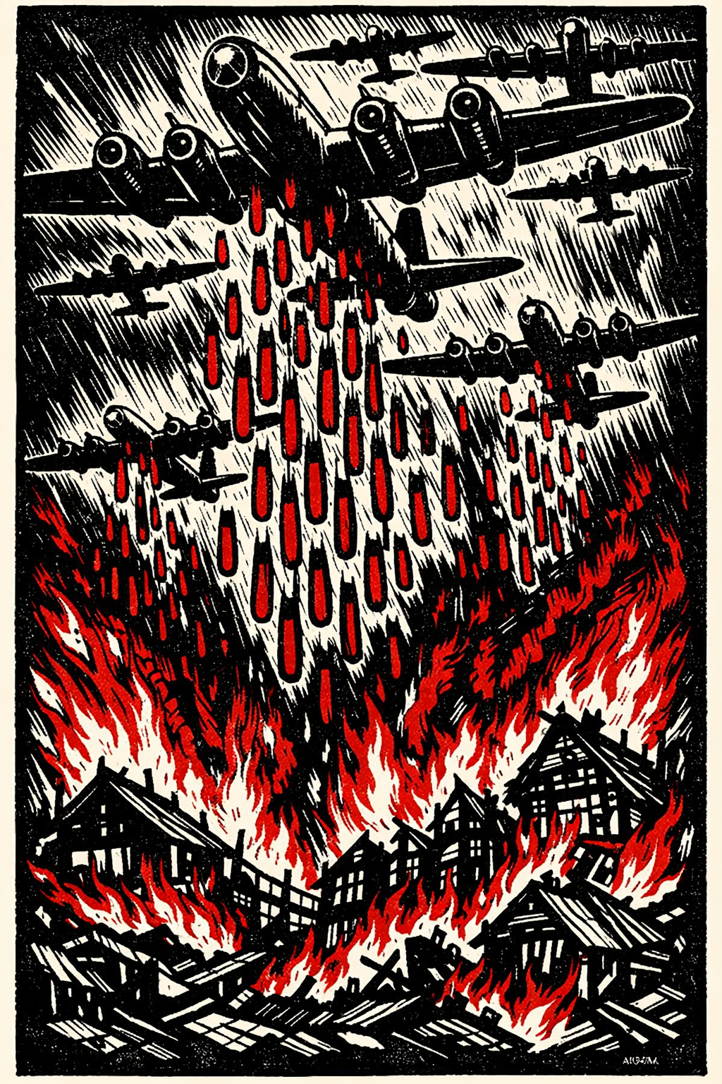 Firebombing of Tokyo March 1945 B-29 incendiary bombs civilian deaths — woodcut illustration