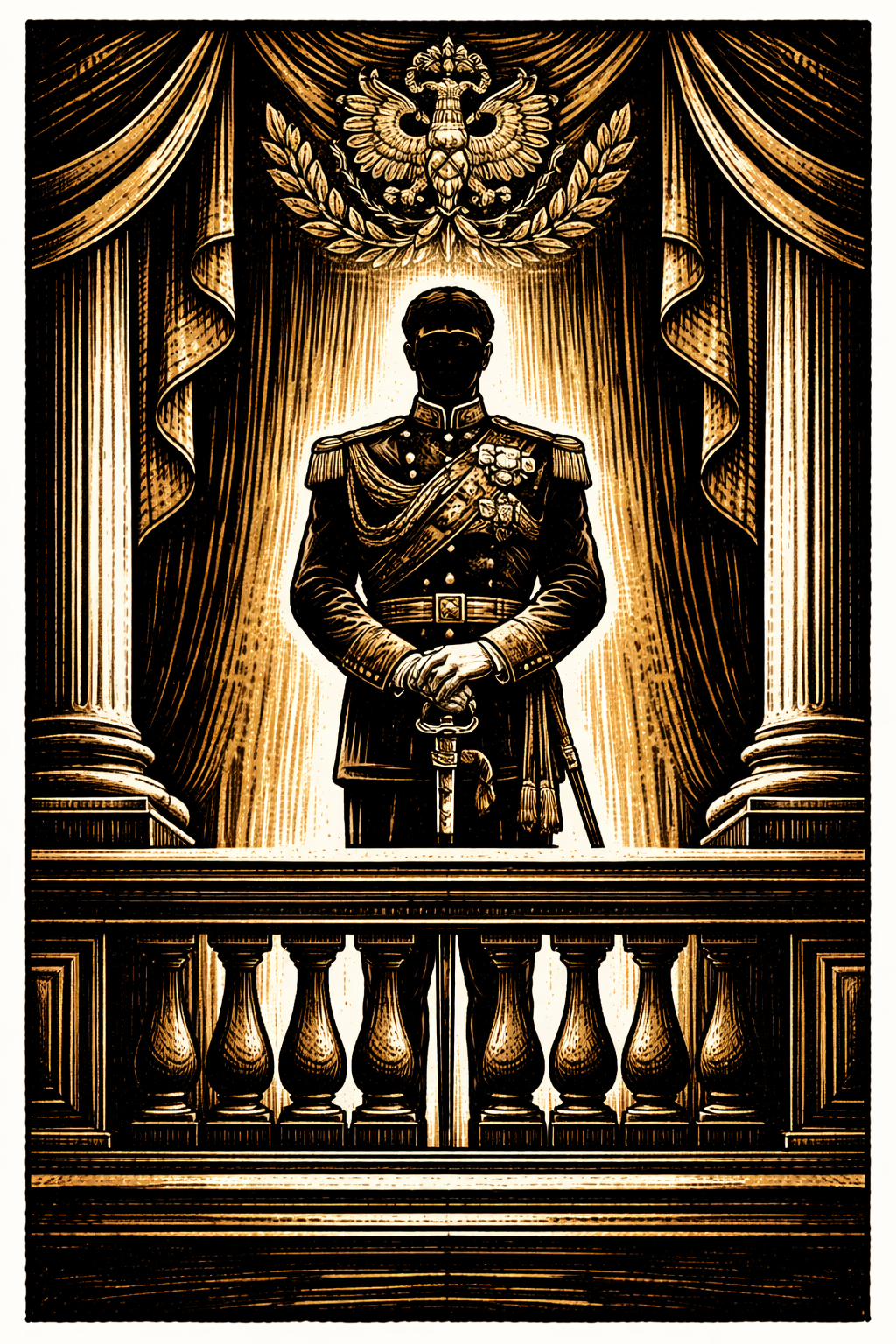 Emperor Hirohito Japan wartime military uniform — woodcut illustration