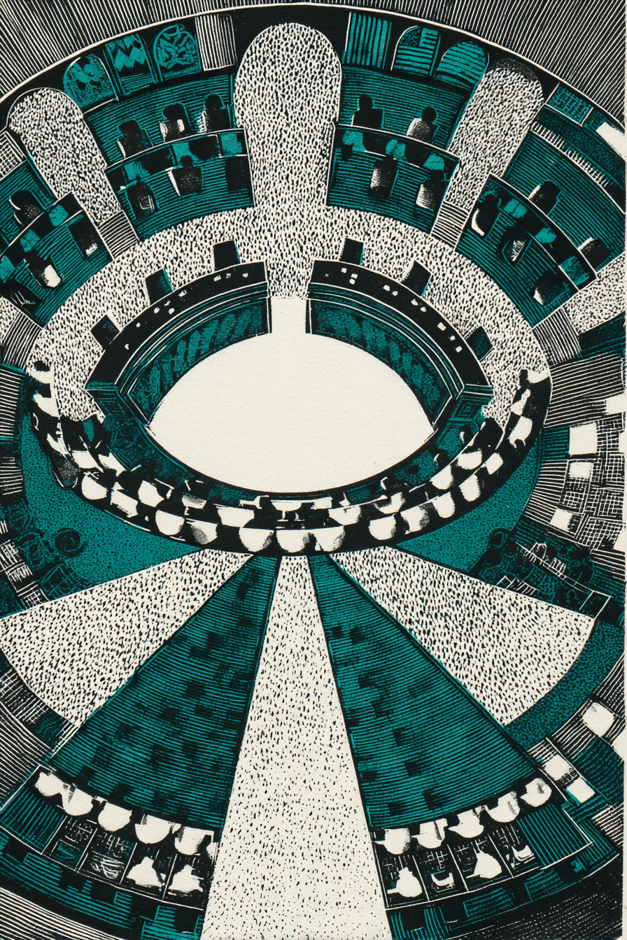 International Criminal Court ICC courtroom The Hague international law Nuremberg legacy — woodcut illustration
