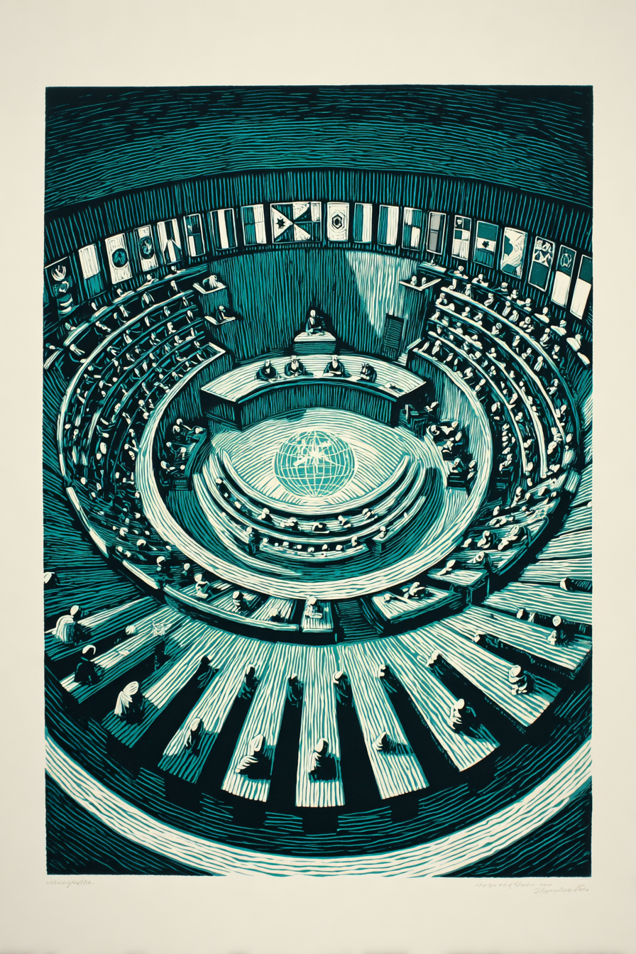 International Criminal Court ICC The Hague victors justice international law — woodcut illustration