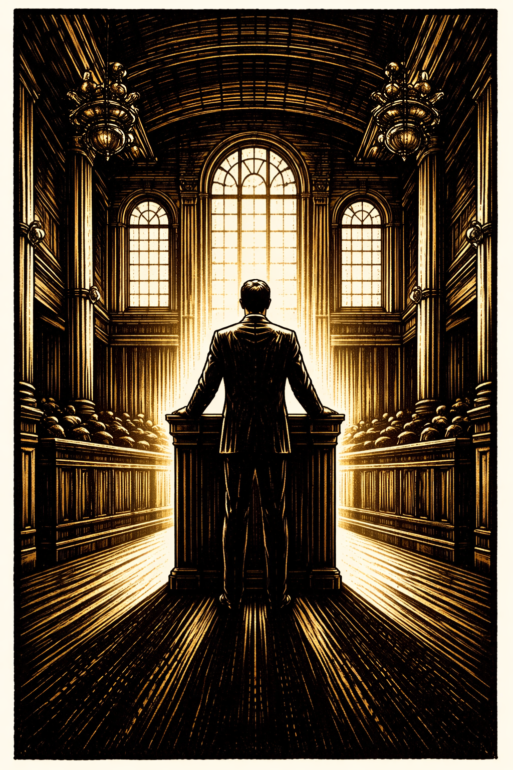 Robert H. Jackson Supreme Court Justice Nuremberg prosecutor — woodcut illustration