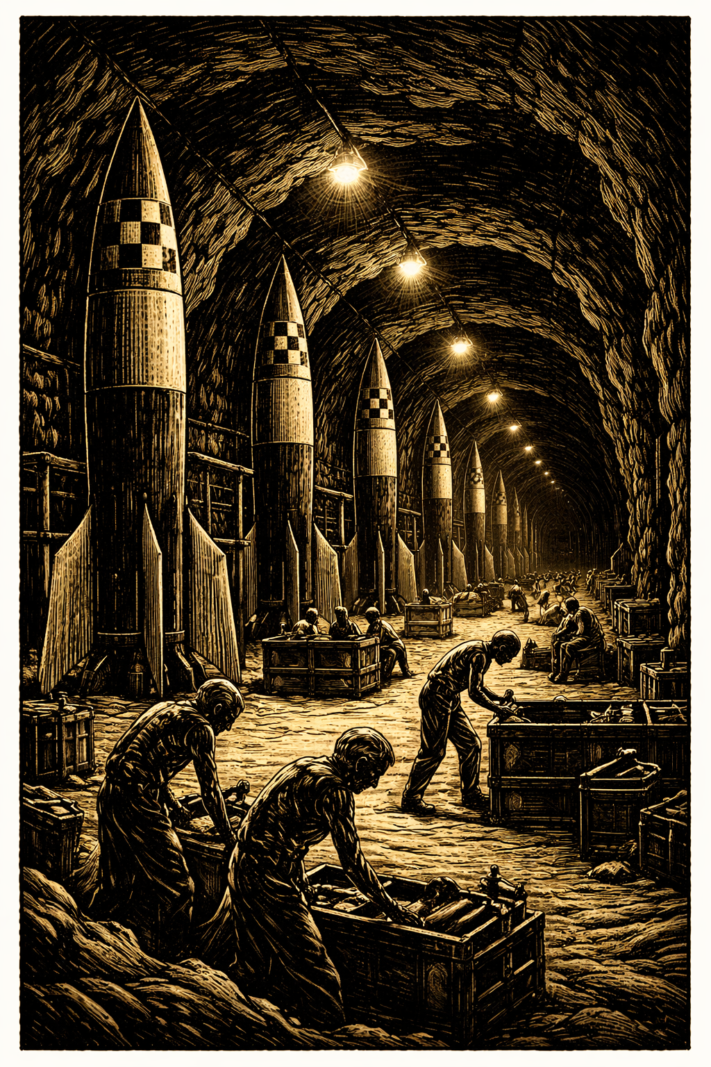 Mittelwerk underground V2 rocket factory concentration camp slave labor — woodcut illustration