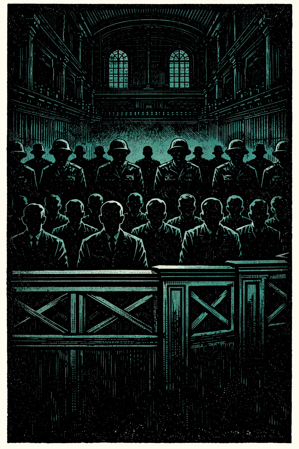 Nuremberg trials defendants dock 1945 1946 war crimes tribunal — woodcut illustration