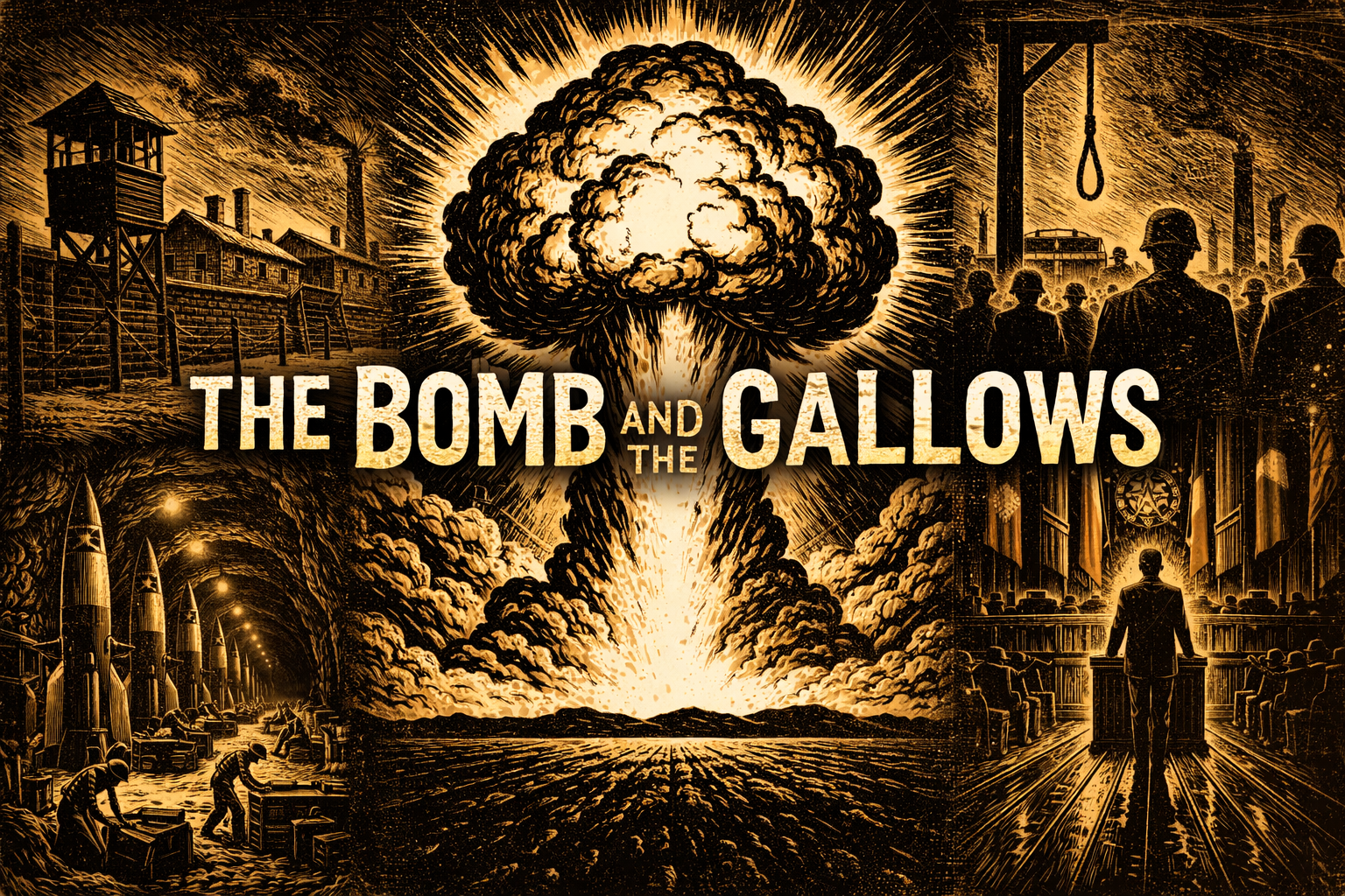 Woodcut-style title slide in landscape orientation. A massive atomic mushroom cloud dominates the center, glowing in gold against heavy black ink textures. Surrounding it in collage form are stark scenes: an industrial prison compound with barbed wire and watchtower, V-2 rockets in an underground tunnel, a courtroom with a lone figure at a podium, and a gallows looming over shadowed figures. Bold grain lines unify the composition. The title The Bomb and the Gallows spans across the center over the explosion.
