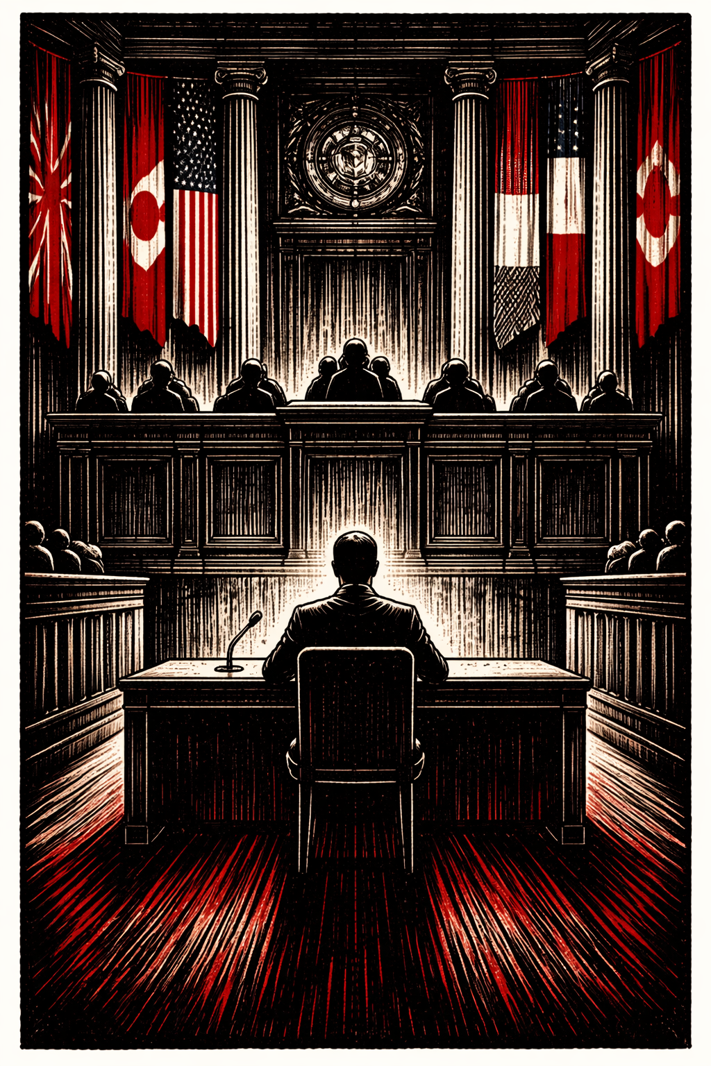 Hideki Tojo Tokyo War Crimes Tribunal 1946 defendant — woodcut illustration