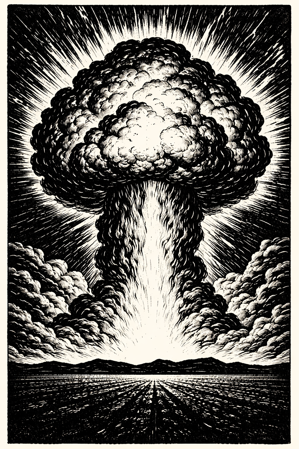 Trinity nuclear test fireball July 1945 Manhattan Project New Mexico — woodcut illustration