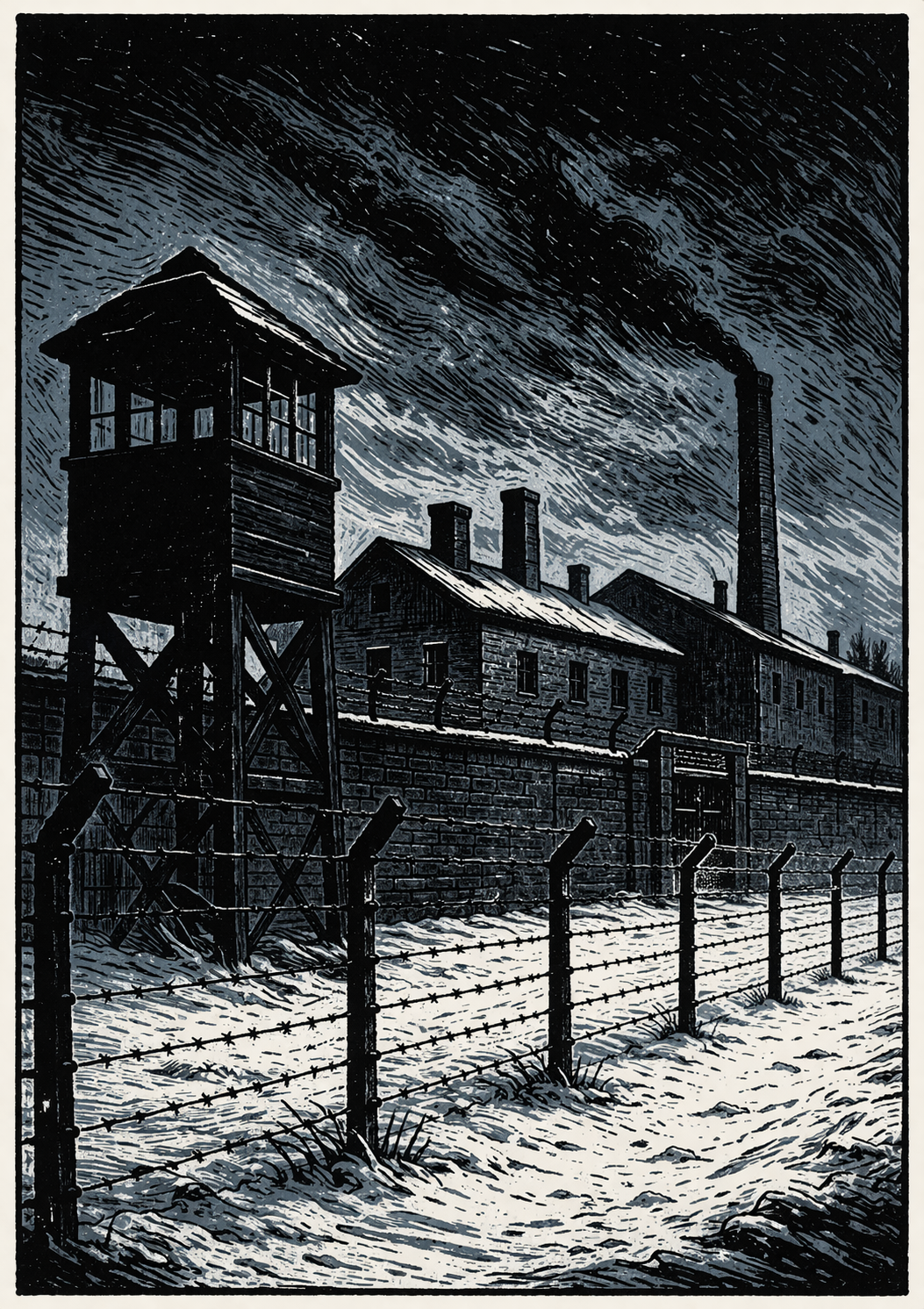 Unit 731 facility Harbin Manchuria Japanese biological warfare experiments — woodcut illustration
