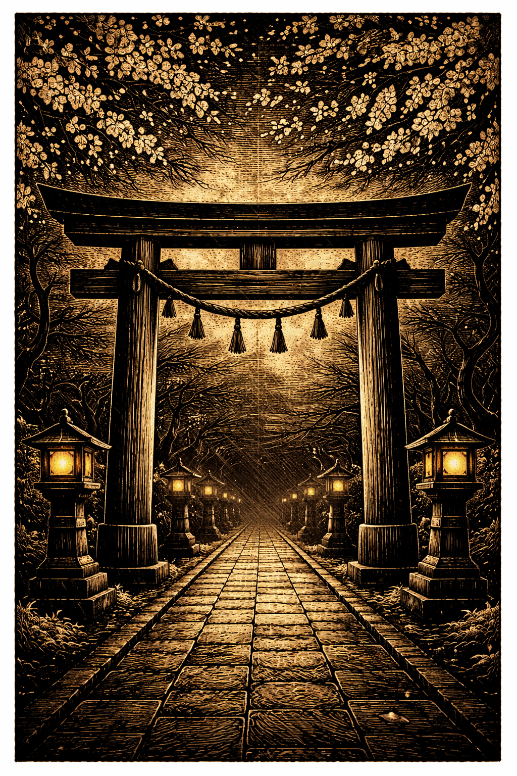 Yasukuni Shrine Tokyo Japan war dead enshrinement Shinto — woodcut illustration