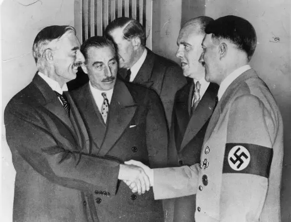 Neville Chamberlain and Adolf Hitler at the Munich Agreement, 1938
