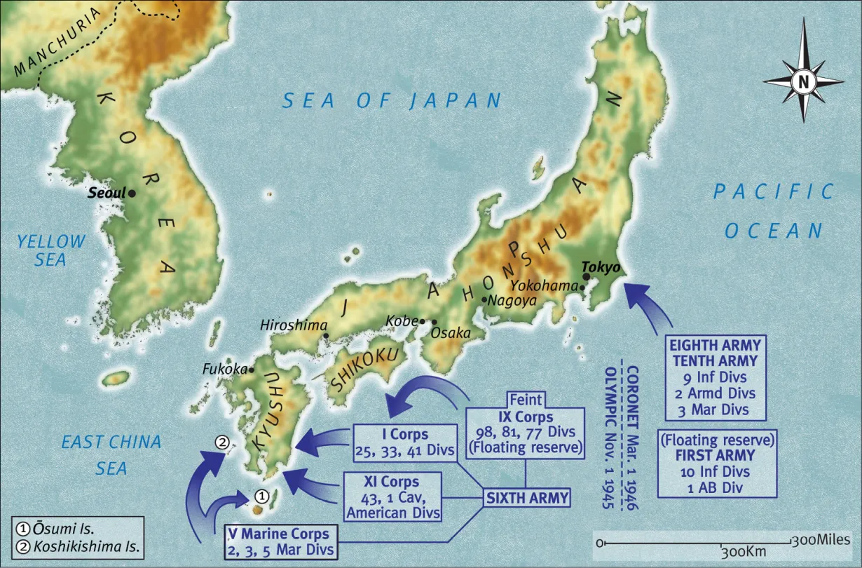Operation Downfall 1945–1946: Planned Allied invasions of Kyushu (Olympic) and Honshu (Coronet)