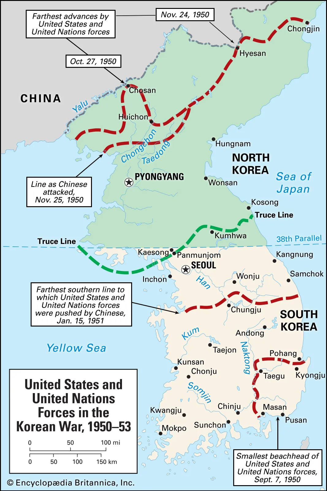 Korean War map showing 38th parallel division of peninsula