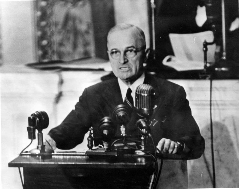 President Truman delivering Truman Doctrine address to joint session of Congress March 1947