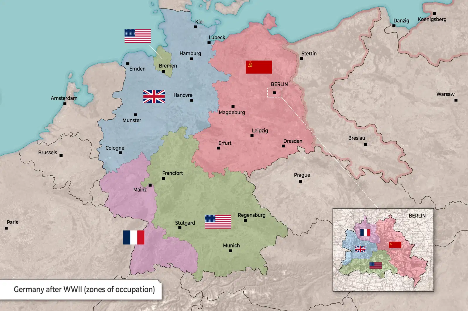 Map of Germany divided into four Allied occupation zones after World War II 1945