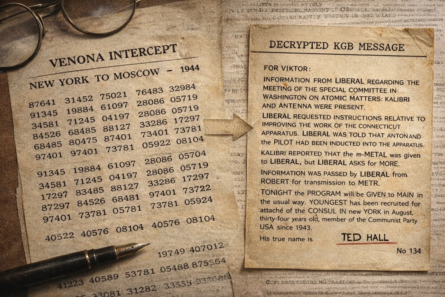 A declassified Venona Project intercept, Soviet intelligence cable decrypted by NSA