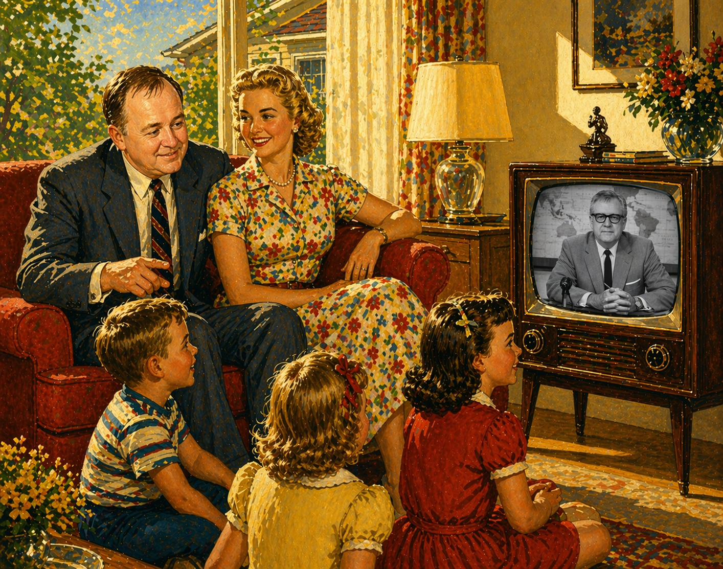 1950s illustration of a happy young family gathered in a bright suburban living room