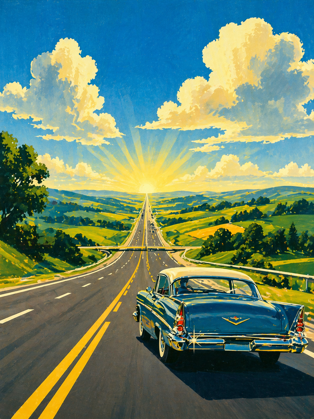1950s travel poster illustration of a gleaming new Interstate highway stretching toward the horizon