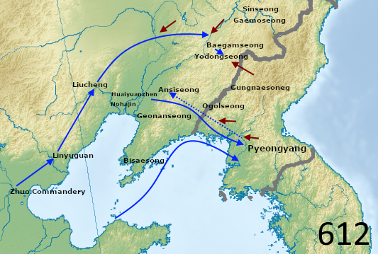 Map of the 612 Sui–Goguryeo campaign
