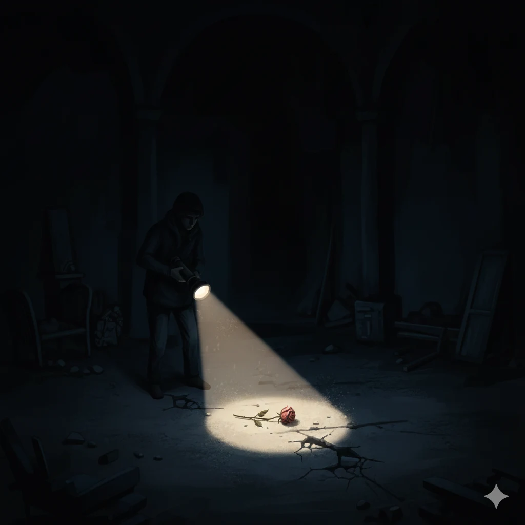 Person with flashlight in dark room