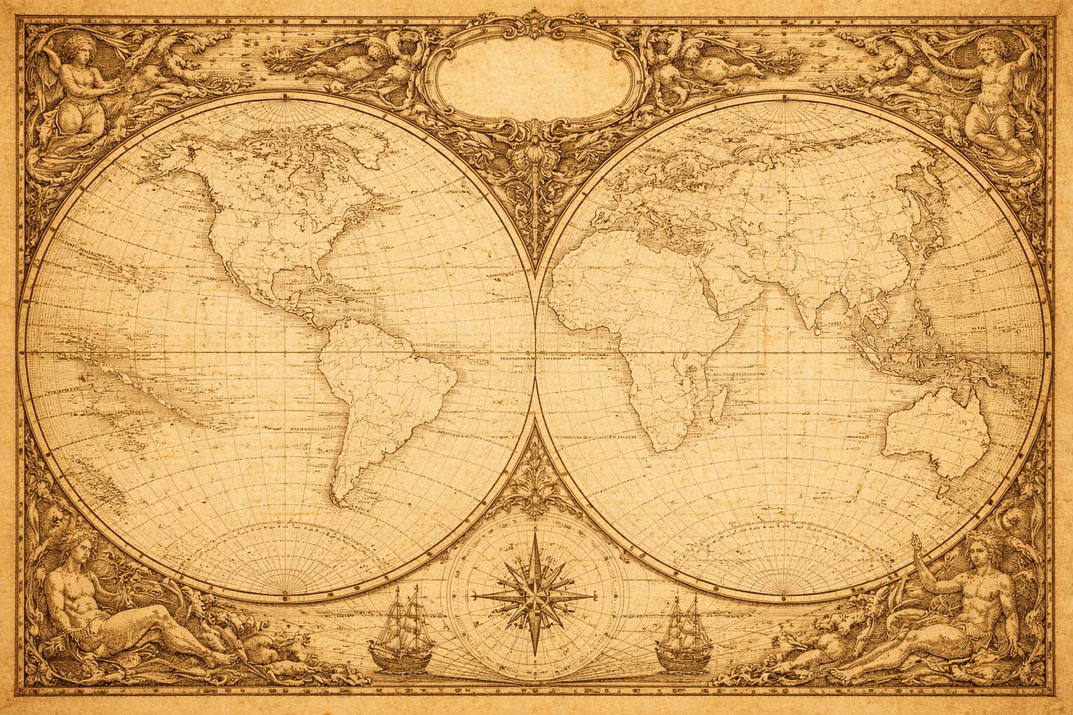 Antique world map with blank spaces, illustrating the constructed nature of cartography