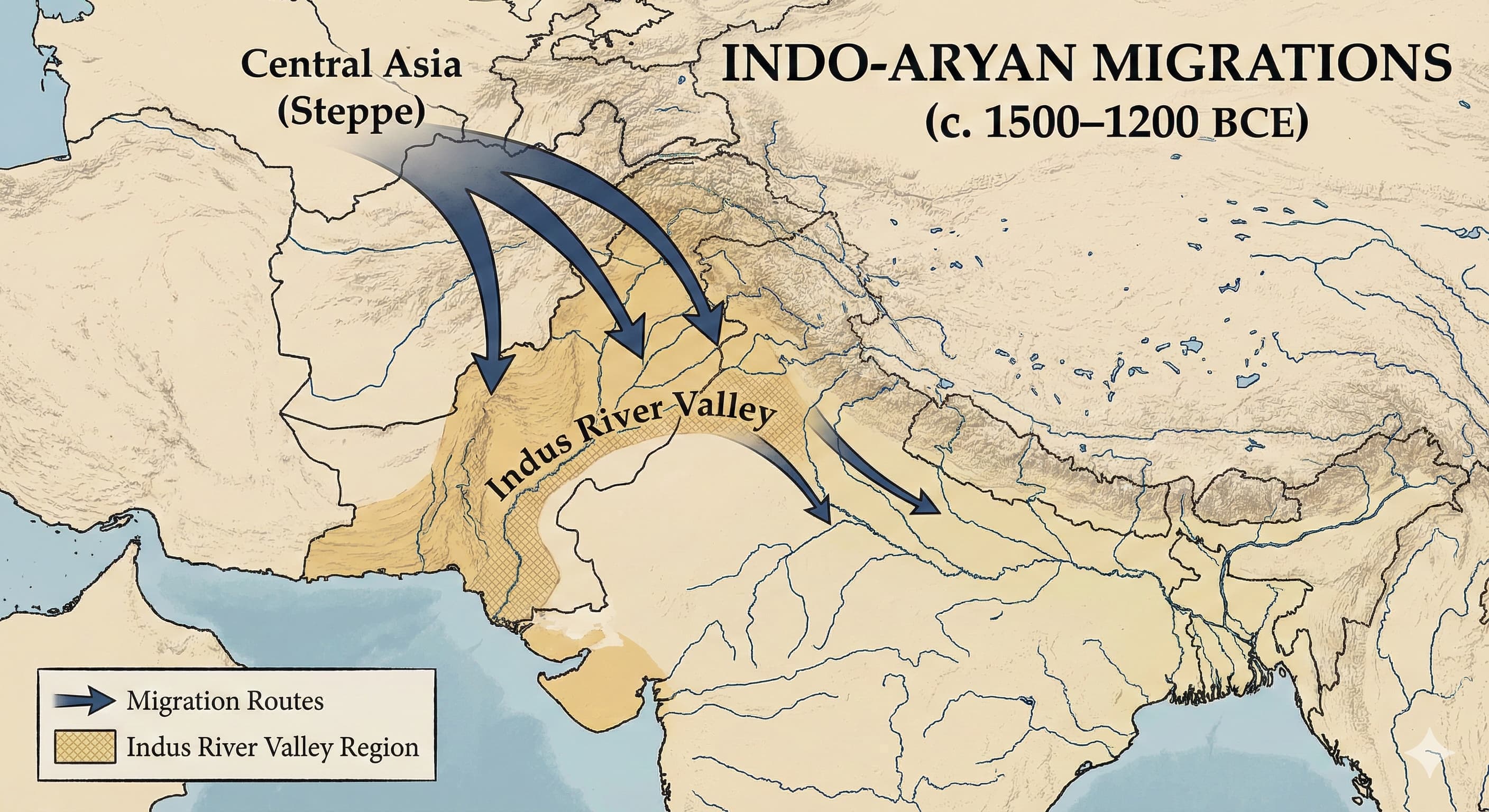 Indo-Aryan migration routes South Asia map 1500 BCE