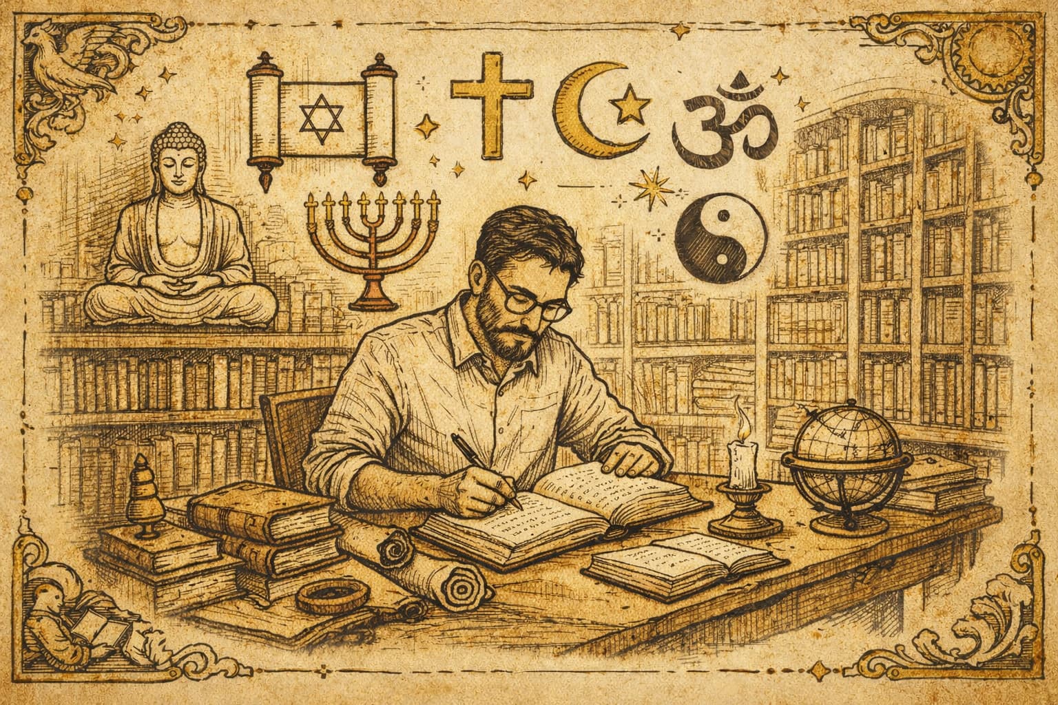 Modern scholar in a library studying religious texts