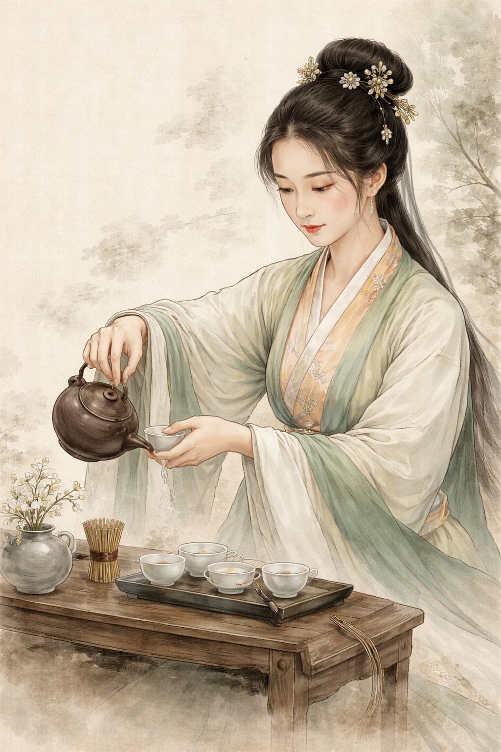 Traditional Chinese tea ceremony showing careful, ritualized hand movements pouring tea with focused attention and grace