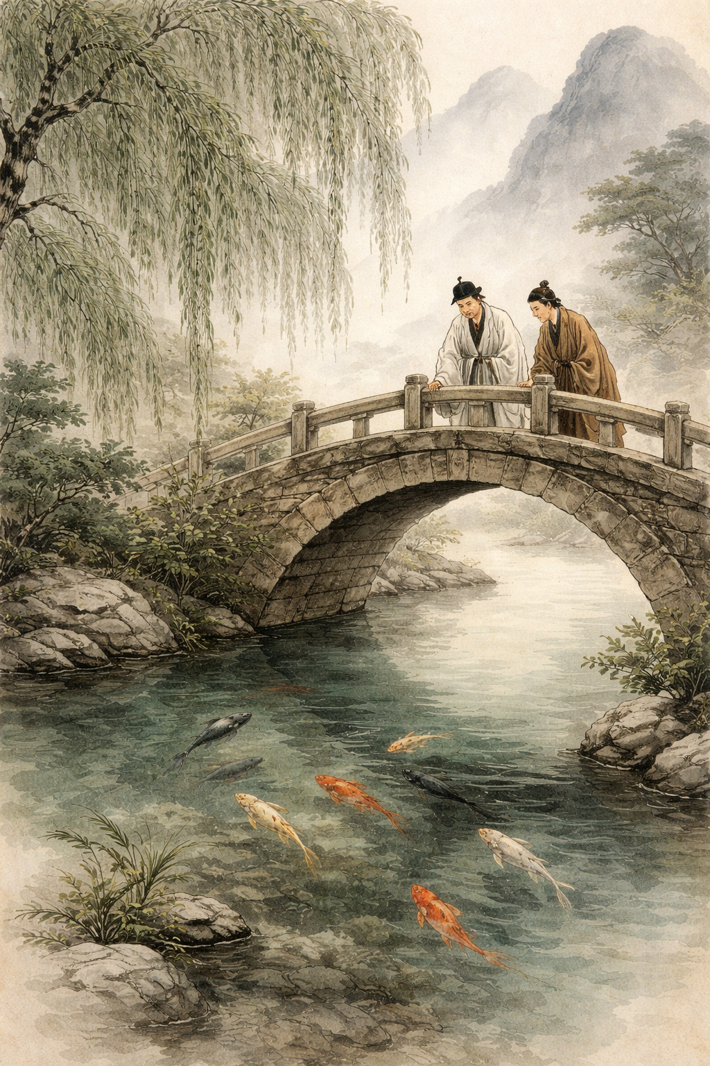 Two scholars on a bridge looking down at fish swimming in a clear river, traditional Chinese landscape setting, serene and contemplative mood