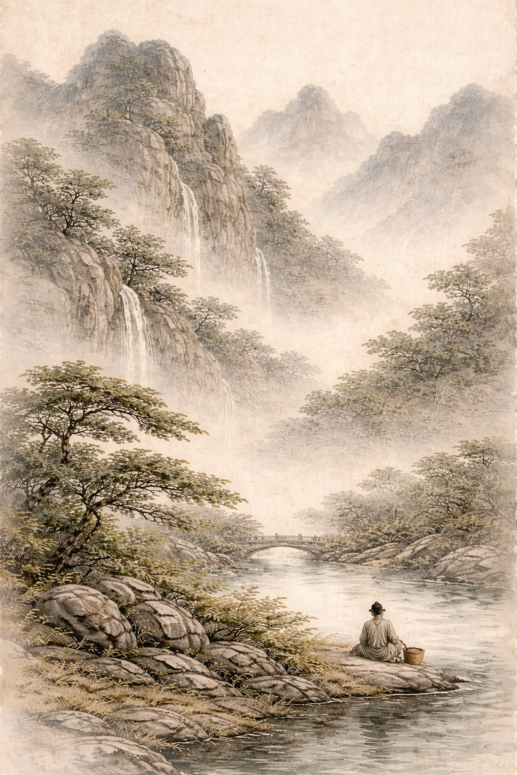 Traditional Chinese shan shui mountain landscape with mist and a small solitary wandering figure dwarfed by vast peaks and empty sky, ink wash painting style evoking Zhuangzi's free and easy wandering