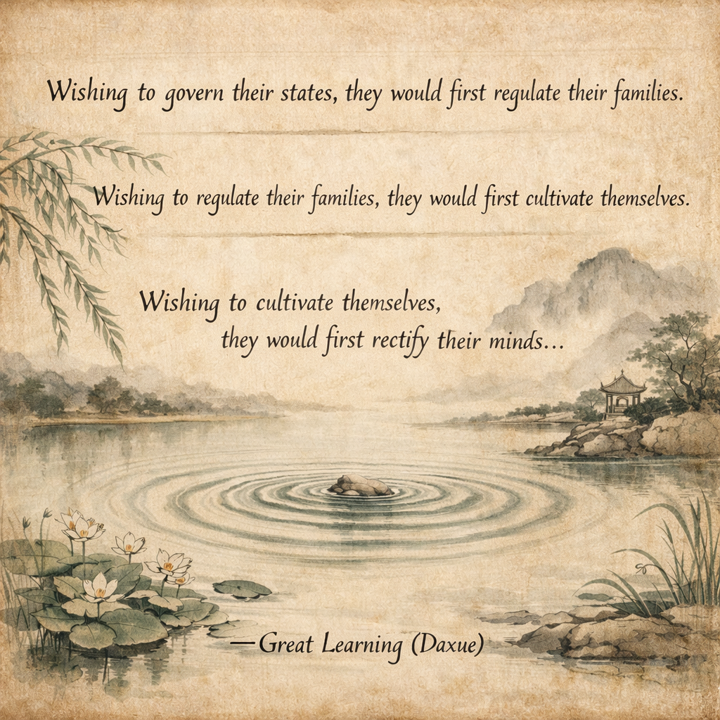 Diagram showing Confucian ripple model: self at center radiating outward to family, society, and state